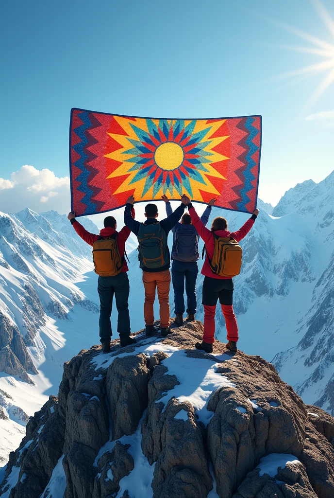 Make a photo that depicts the theme of the UNORSSGO “One rekoleto, One UNOR” 

Thats reaching new heights with hikers holding a color quilt for togetherness 
