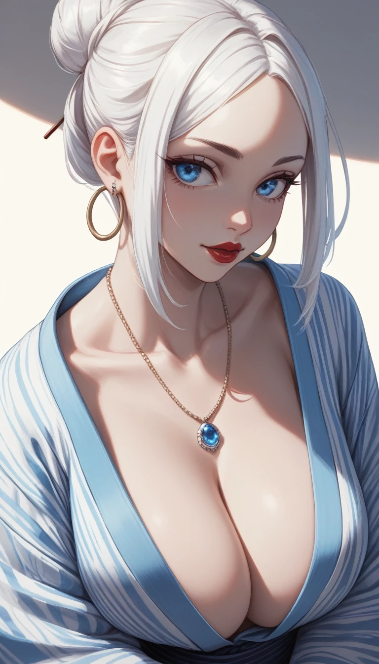 score_9, score_8_up, score_7_up, score_6_up, score_5_up, score_4_up, mei mei , blue eyes, white hair bun, large breasts, necklace,big oversized hoops earrings ,red lipstick , detailed eyes , big saggy breasts , yukata, cleavage