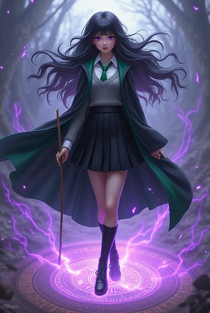 
magic magic school。Snake House Student。White blouse。Green tie。Grey sweater with green V-line。Black long pleated skirt。Black lace-up boots。Black robe with green lining。A short, thin wooden walking stick, about 20cm long。Ebony。Black Hair。Richly wavy long hair。bangs。Magical purple eyes。Mysterious beautiful girl。Smiling graciously。Beauty like a goddess of beauty。Superlative good looks。Powerful magic。Ancient magic。Purple light。A complex and detailed magic circle at my feet.。Ancient magic。Runes。Floating in the sky。