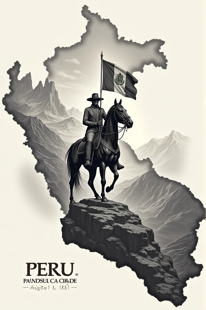 clear illustration of the map of Peru, in the center of that map, large a rider mounted on 1 horse holding the flag of Peru. And the reliefs of the map that are from the Sierra. And below, On the bottom. Let there be an engraving that says August 6, 1821 memories of the battle of Junin