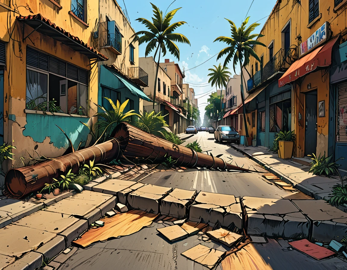 (((big cracks on the pot,big cracks on the ground,big cracks on the walls of the street,))) 
(((many man and many woman fall on the street,)))
tropical street, cracks in the street, ((((many people falling on the street)))), earth shaking, earthquake, (((people falling in the air))), ((people lying on the street)), palm trees, fallen trees on the street graphic style of novel comics, 2d, 8k, hyperrealism, masterpiece, high resolution, best quality, ultra-detailed, super realistic, Hyperrealistic art, high-quality, ultra high res, highest detailed, lot of details, Extremely high-resolution details, incredibly lifelike, colourful, soft cinematic light,