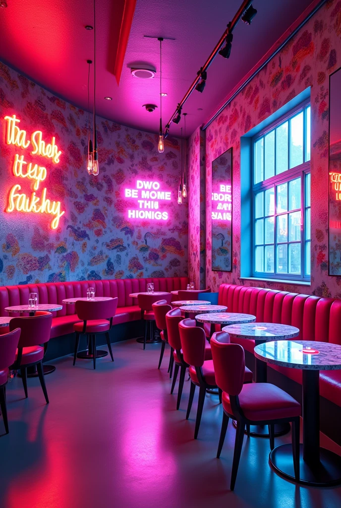 a vibrant and modern space, with a mix of retro and futuristic elements, reflecting Dua Lipa&#39;s style and music. The walls are decorated with colorful murals inspired by their album covers., and there are neon signs with phrases from their songs. The lighting combines soft shades of pink and purple, creating a nightclub atmosphere. The tables are arranged with LED lights, and the environment is elegant, with velvet furniture and metal chairs.