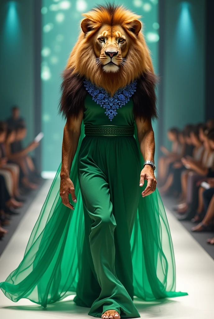Lion in fashion show wearing a green dress and blue diamonds in neck