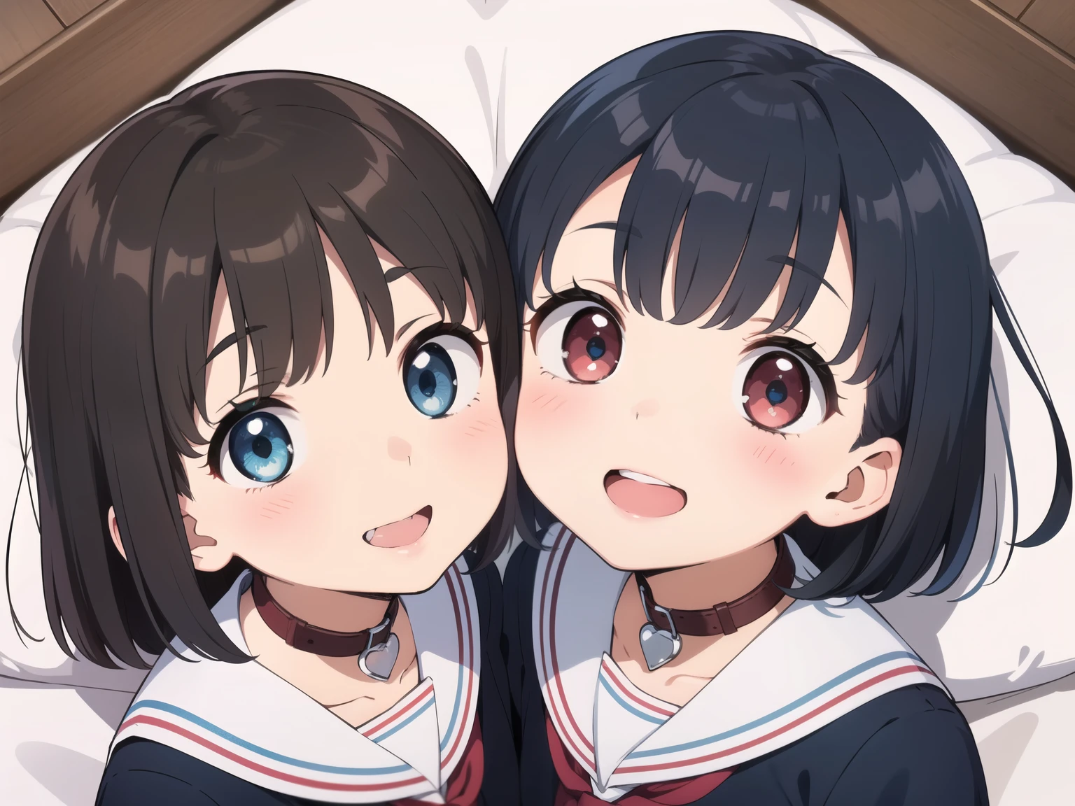 Cute  twins,2 girls,,On the bed,Black Hair,Bob Hair,Excessively thin body,Micro Mini,smile,Close-up of face,smile,Detailed facial depiction,Beautiful Eyes,Eyes are hearts,Red leather collar,Navy blue sailor blouse,symmetry,Open your mouth and whisper,((Angle from directly above)),Upward gaze,
