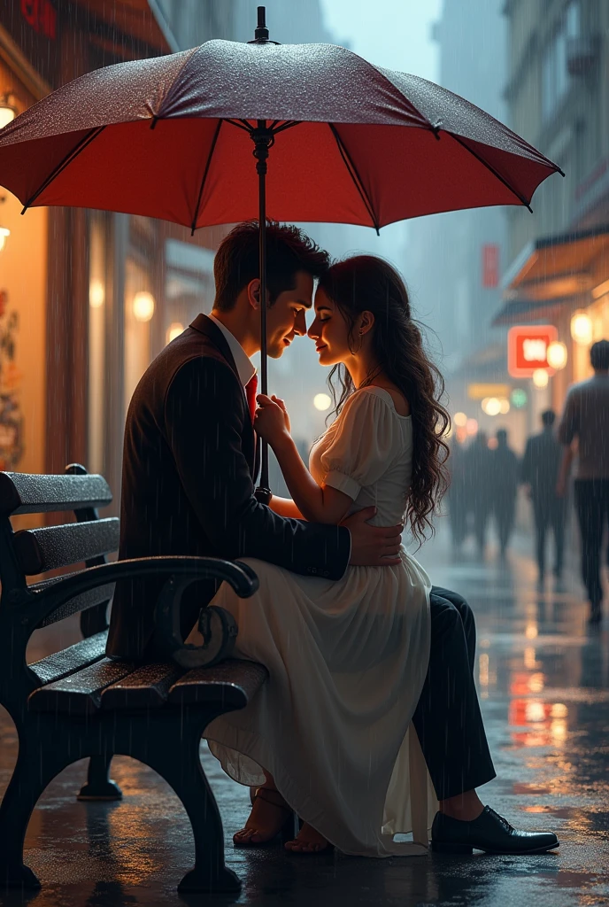 A man holding a woman is shoulders and the are siting on a banch and he reading a book and the climate is rainy and under the umbrella and other people and runing to shopes