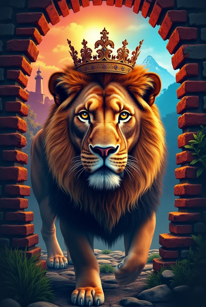 Tattoo of a lion with a crown surrounded by bricks and incredible colors in hyperrealistic 8k quality,tattoo,a lighthouse in the background and the mountain, sunny and rainy,Storm,good heavens,