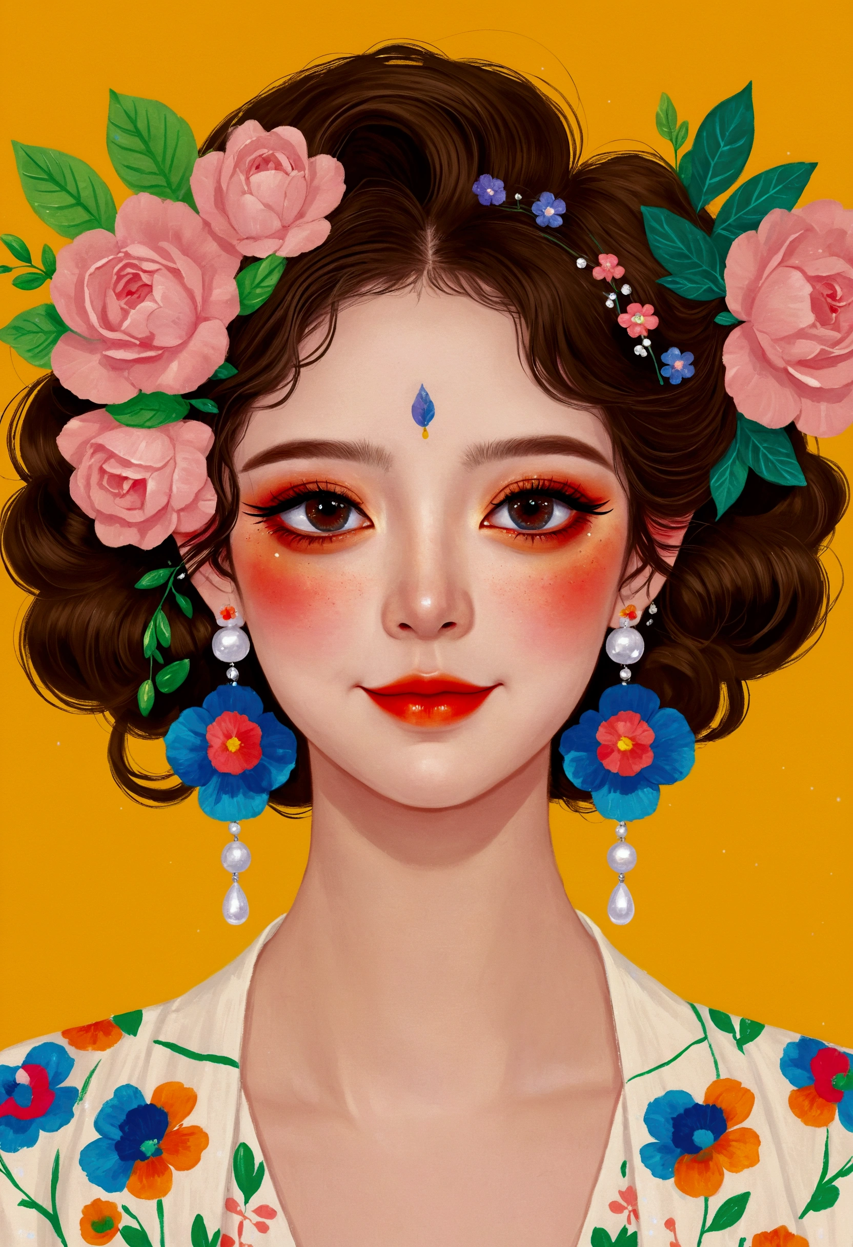 Digital Art Girl Portrait，Smile，solitary，symmetry，Gradient hair，Colorful big eyes，Fashionable and exquisite facial features，Exquisite makeup，Beautiful hairstyle，Exaggerated flower earrings，Clean and simple background