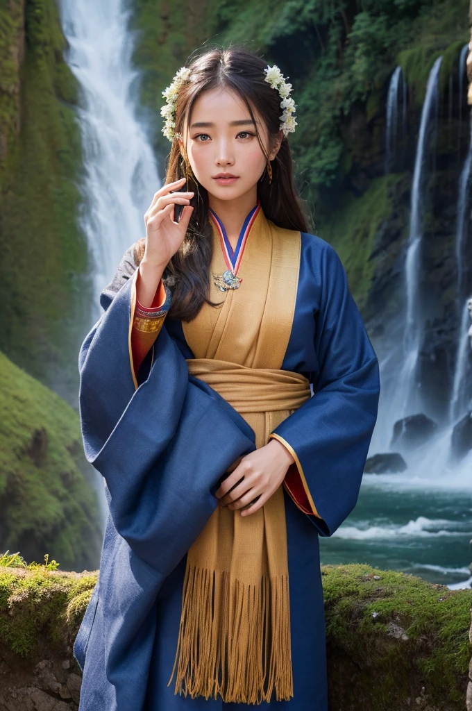 ((best quality)), ((masterpiece)), (detailed), perfect face スーパーハイクオリティ、One woman、1、Freckles on face、Brown eyes、Beautiful in every detail、Tibetan national costume、In front of the waterfall、Night Forest、Conifer、Moonlight、Fantasy、Are standing、Holding a vase on his head