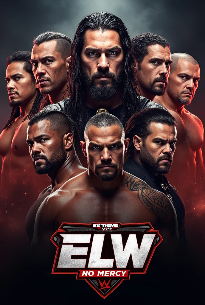 Genérame una imagen para promocionar el paper view de lucha libre no mercy de la ELW en donde aparezca el nombre de ELW presenta no mercy con la imagen de kazuchika Okada Cody rose Roman Reigns John cena the undertaker John moxly y the find Bray white