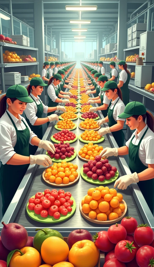 create an image where there are many collaborators with caps, apron, mitts, working in an agroindustry with fruits and, illustration realista comercial, workers, incrível illustration alimentar, profile image, in a factory, illustration!, manufacturing, Industries, 