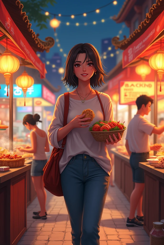 A lively night market. The woman is dressed in casual clothes, Carrying snacks, and his face is full of joy and contentment.