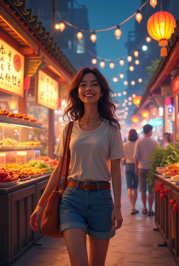 A lively night market. The woman is dressed in casual clothes, Carrying snacks, and his face is full of joy and contentment.