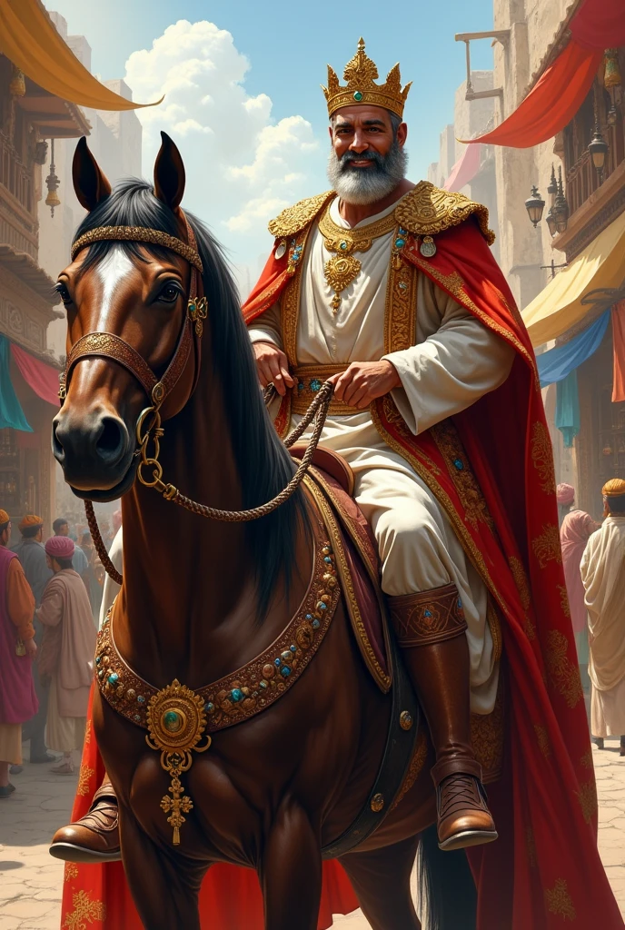 A Persian king with his crown and short gray beard Smiling riding a horse next to the horse an officer of the king of Persia with a white beard in the background the market piece with spices