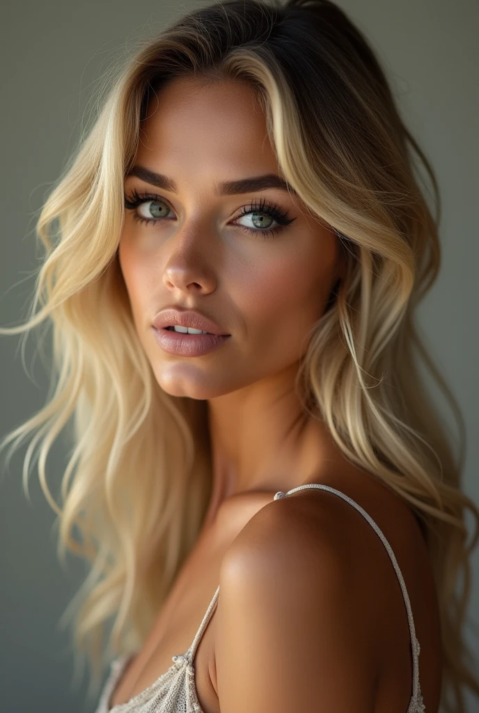 (one-1-person:1.2), beautiful blonde lady, dark make-up, hyperdetailed photograph, smooth light, Portrait of head and shoulders, brazileira, brazil, naturals, fully body, ful dressed, cover