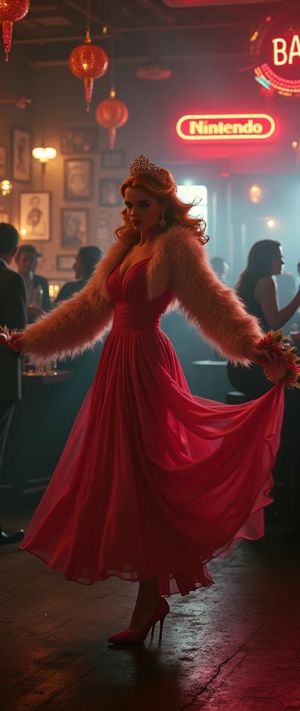 Nintendo super mario bros, princess peach in a 1940s chicago bar, wearing a dress and faux fur coat holding feathers, dancing on stage photorealistic,highly detailed,intricate lighting and shadows,cinematic,dramatic, moody atmosphere, film noir style