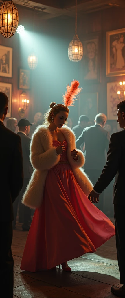 Nintendo super mario bros, princess peach in a 1940s chicago bar, wearing a dress and faux fur coat holding feathers, dancing on stage photorealistic,highly detailed,intricate lighting and shadows,cinematic,dramatic, moody atmosphere, film noir style