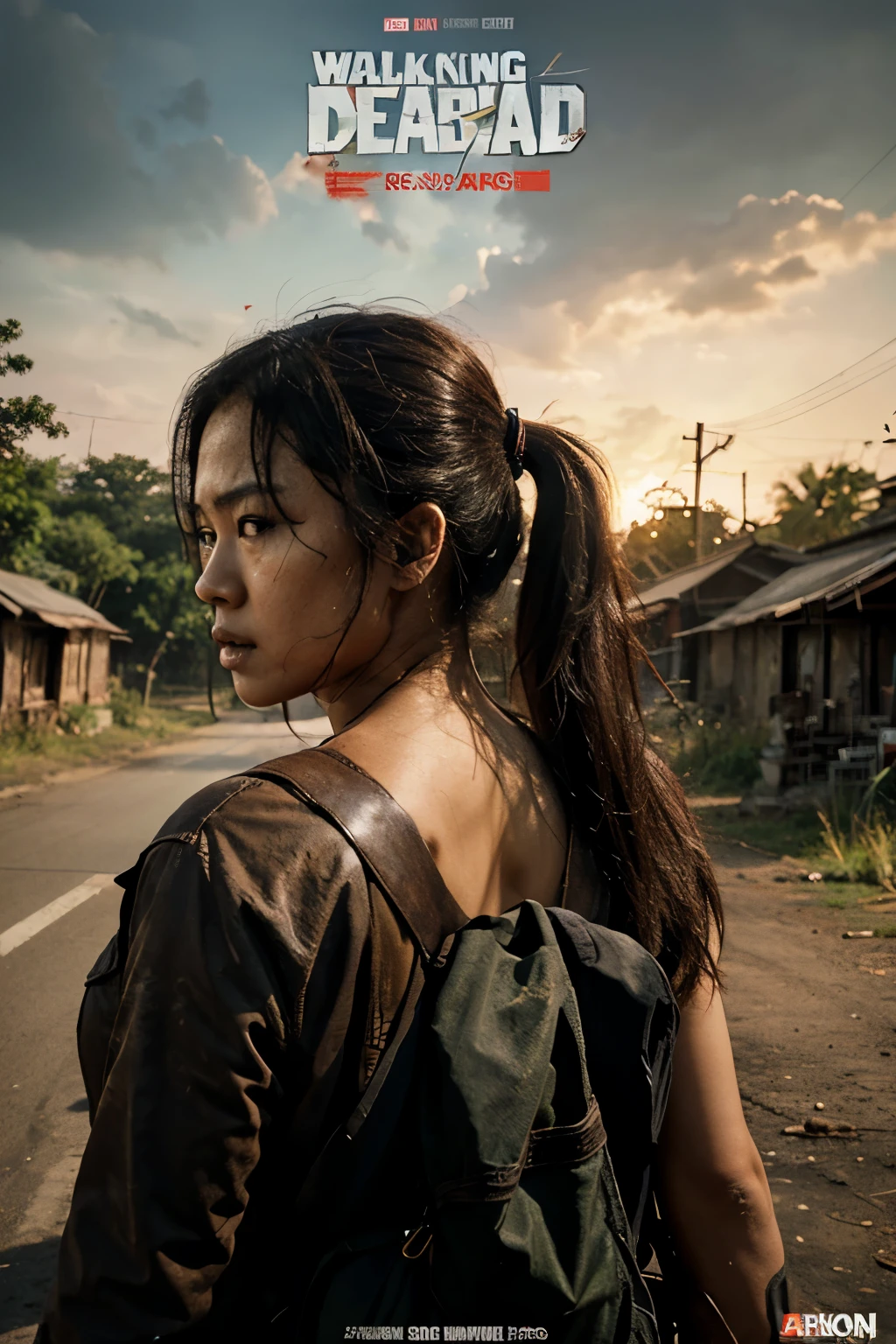 walking dead Apocalypse in Thailand , Movie Poster , one Asian women in the middle , look over shoulder , holding axe
