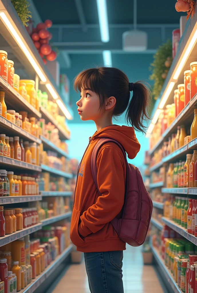 Make a poster about a wise and intelligent girl choosing what to buy in supermarket