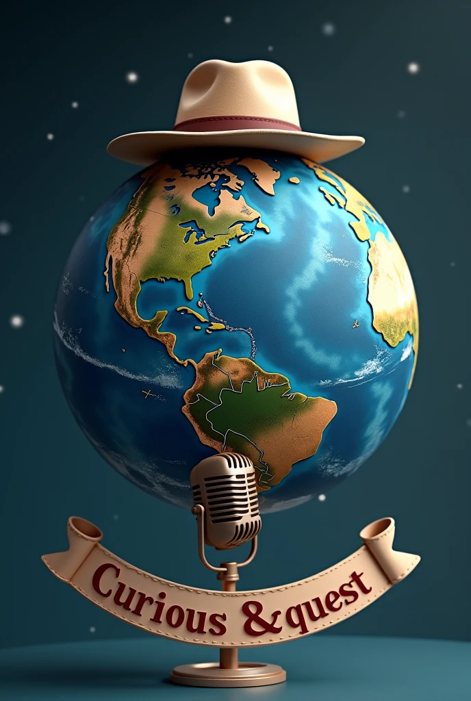 Planet Earth with microphone and a banner written underneath "Curious&Quest", realisitic, with a hat