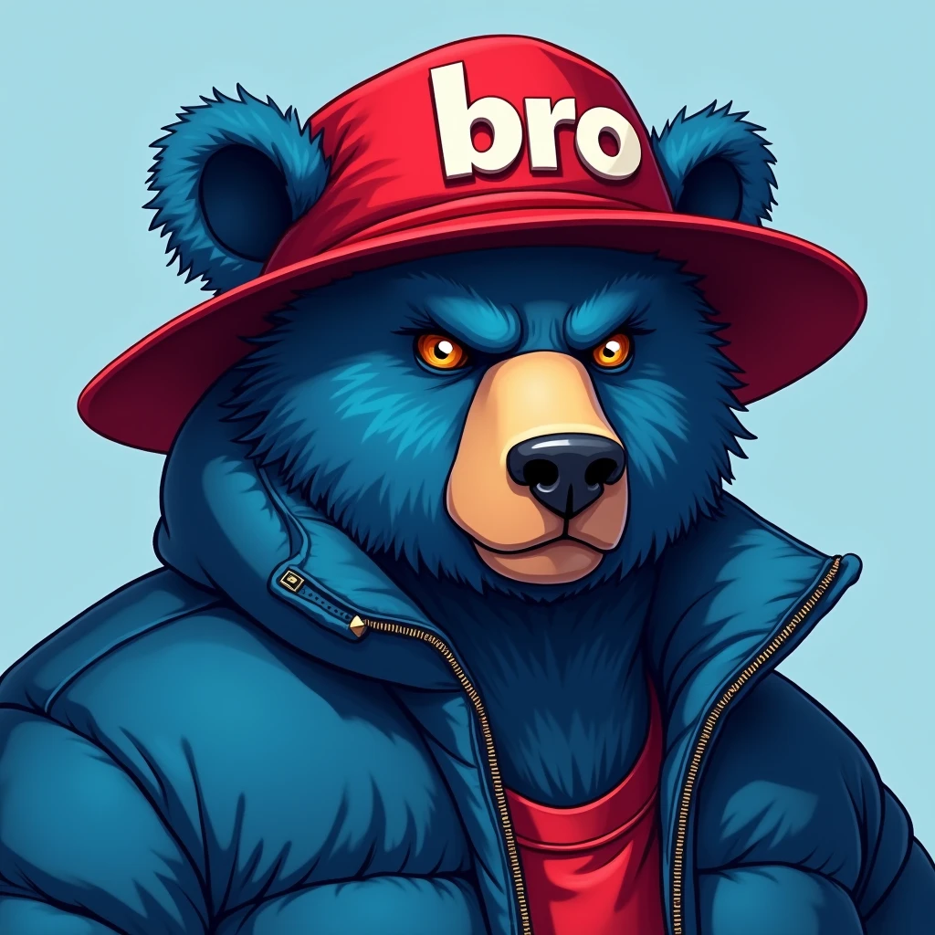 blue bear , light blue background , edgy , portrait , noble , red hat broski , Write BRO on your hat , blue puffer jacket