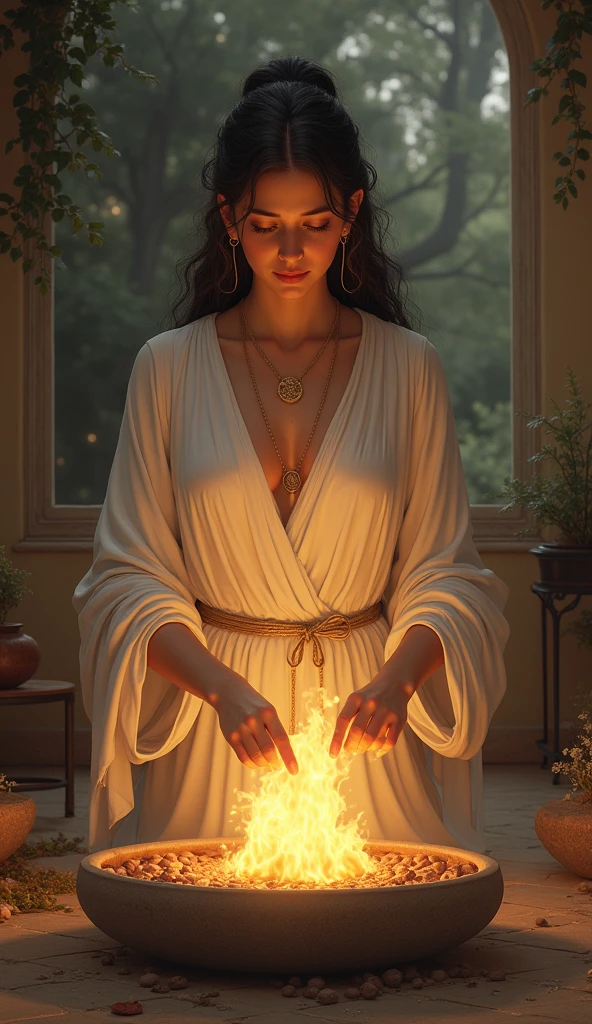 Create a highly detailed and serene depiction of Hestia, the Greek goddess of the hearth, home, and family. Hestia is portrayed as a calm and nurturing figure, exuding warmth and tranquility. She is dressed in a simple, yet elegant white robe that drapes gracefully over her figure, symbolizing purity and simplicity. Her face is gentle and maternal, with soft, kind eyes that reflect a deep sense of peace and compassion. Hestia is depicted tending to a sacred fire, which burns steadily and brightly in a central hearth, representing the eternal flame of home and family. The fire casts a warm, golden glow around her, emphasizing her role as the protector of the hearth. The background features a cozy, inviting interior of an ancient Greek home, with soft shadows and natural textures that add to the sense of comfort and security that Hestia embodies. Elements of nature, such as small plants or a view of a peaceful garden through a window, may be included to symbolize her connection to the earth and the cycles of life."