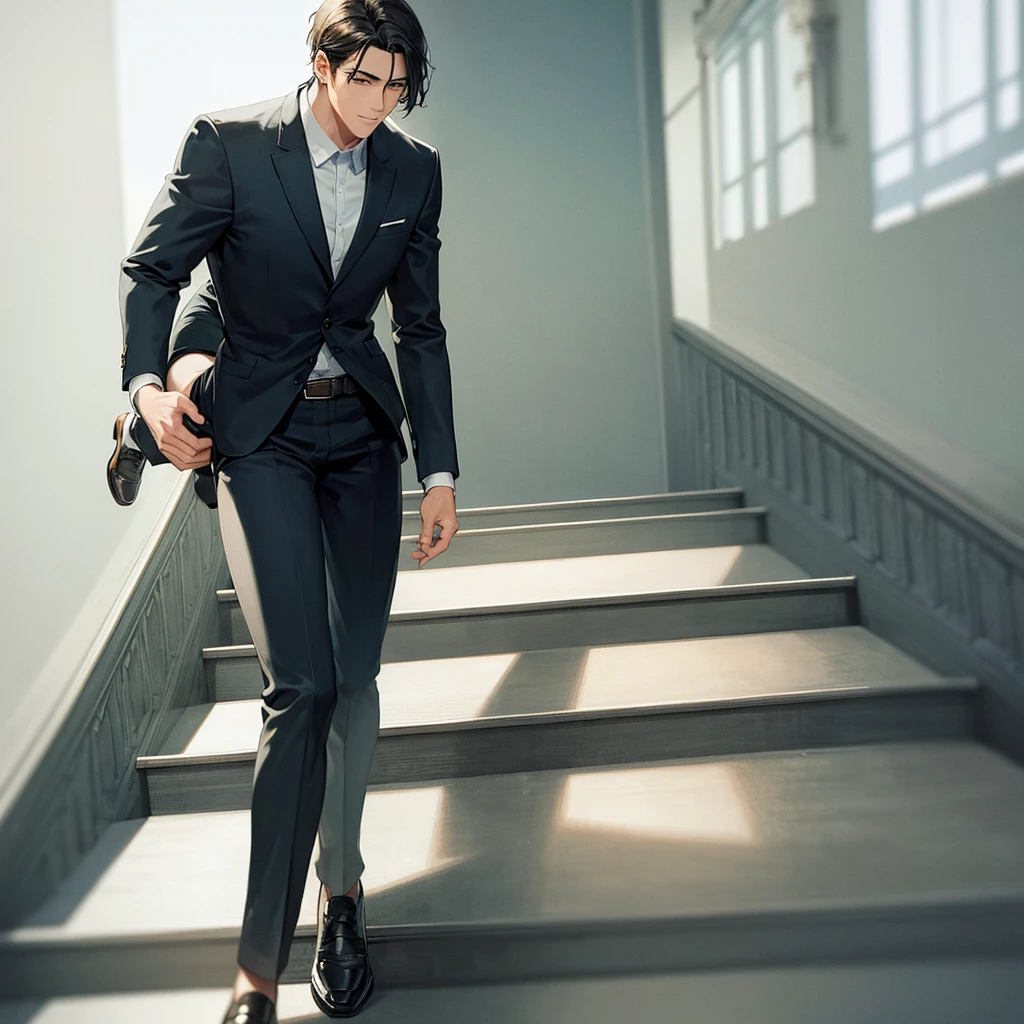 A handsome man carries a man up the stairs.
