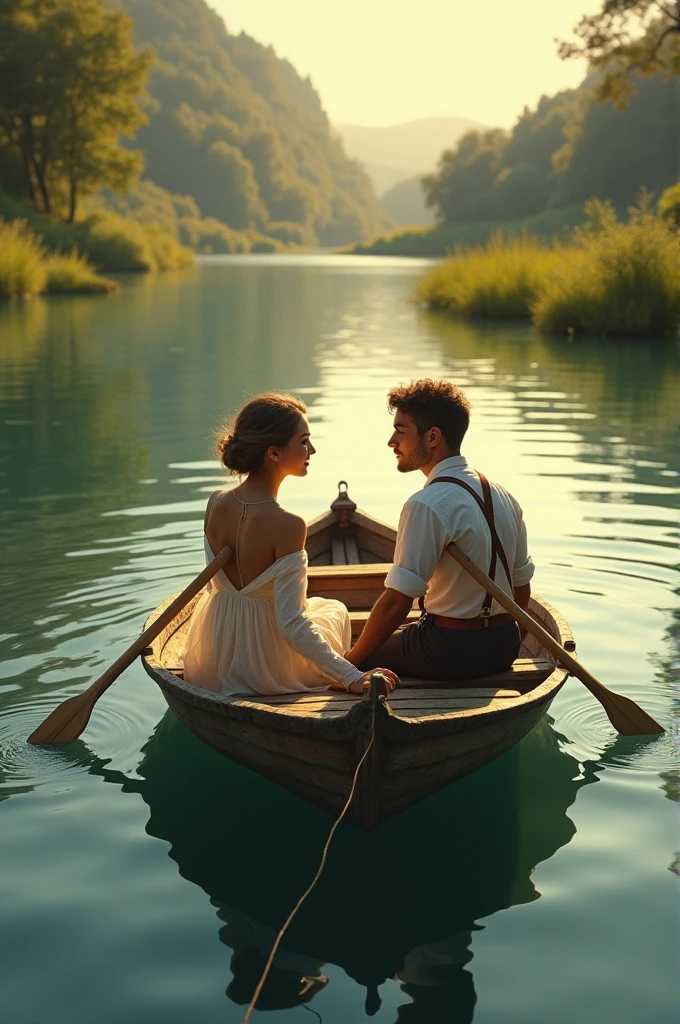 Two people sitting in a boat, a pretty woman