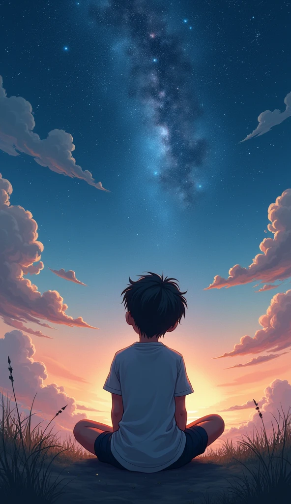 The image features a young boy sitting on the ground, looking up at the starry sky. The time of day appears to be either dawn or dusk, as indicated by the soft lighting and the presence of clouds in the sky.