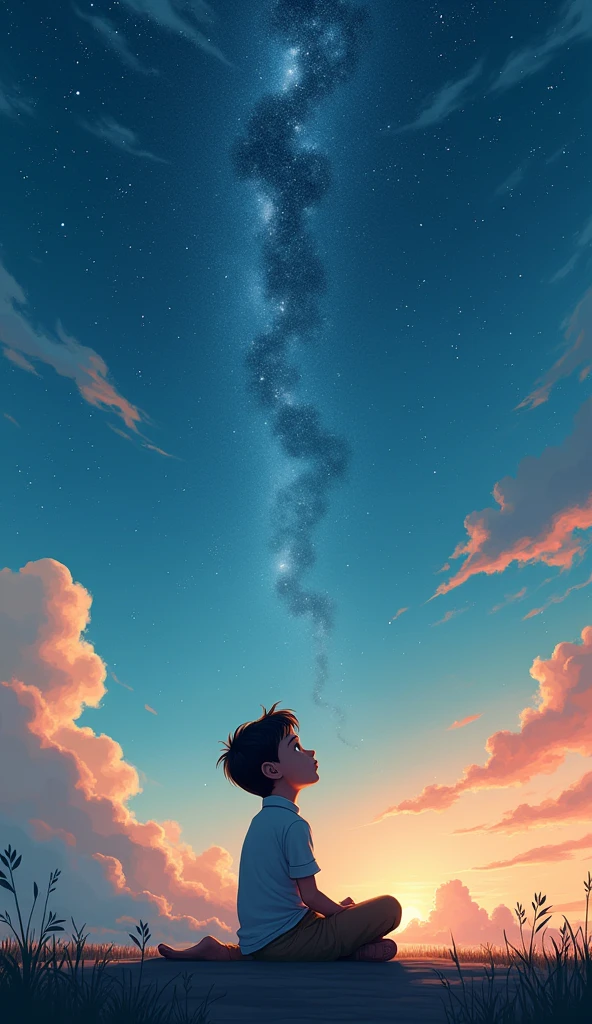 The image features a young boy sitting on the ground, looking up at the starry sky. The time of day appears to be either dawn or dusk, as indicated by the soft lighting and the presence of clouds in the sky.