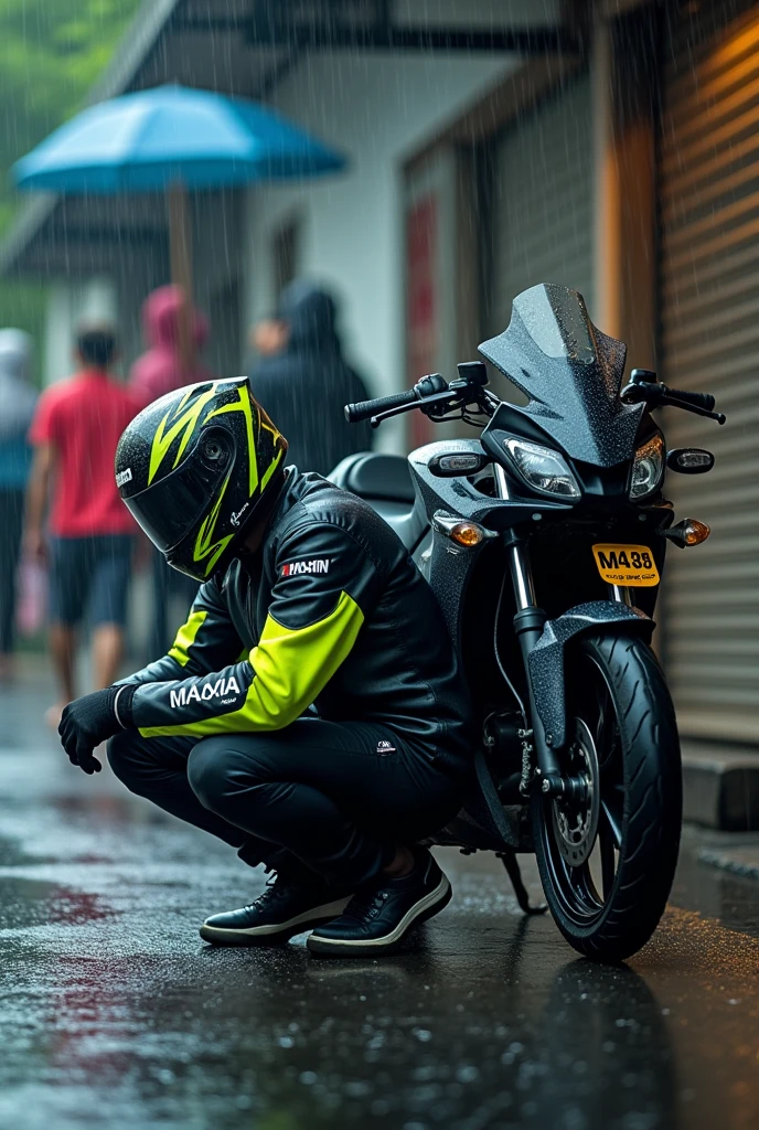 Happy weekend all... 
Bogor Habis diguyur Hujan... 
Prompt: an Indonesian man with a black motorbike jacket, and highlighter yellow sleeves, with the words "MAXIM", he was squatting on the side of his HONDA SUPRA GTR 150CC motorbike on the side of the main road, in front of a shop with a closed rolling door, sheltering from the quite heavy rain, along with several the person who was in the shade was also with him, the picture was taken from the side with his face facing the camera, a very real photo, hyper realistic, vivid style.
