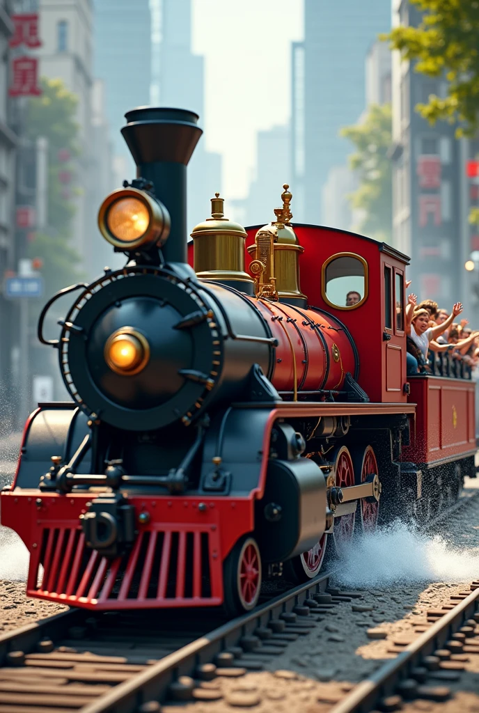 Create an image in the urban environment with a locomotive on rails blending with the image of a barge with happy and waving tourists and passengers. Very realistic and maximum quality image.