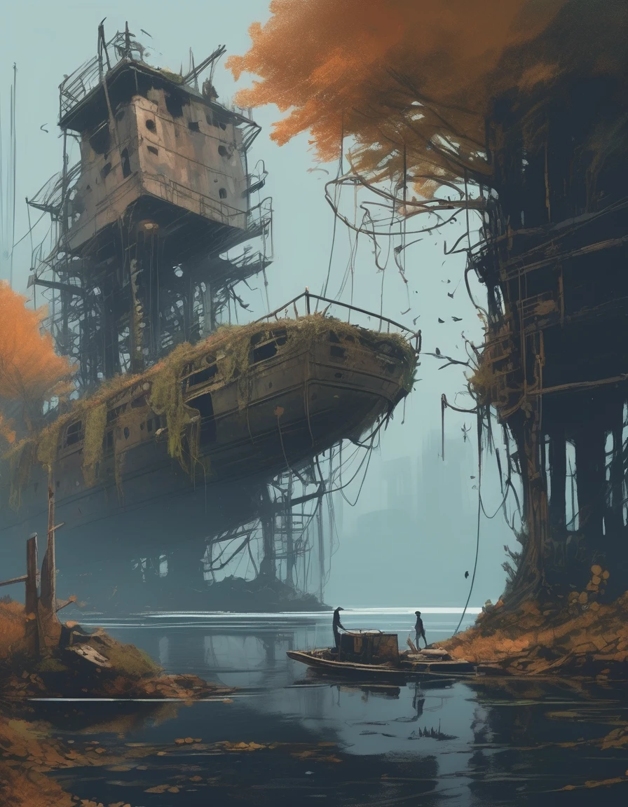 sketch, A hauntingly beautiful dystopian boatyard, overgrown with vines and moss, where a group of deer roam freely among the rusted shipwrecks, surrounded by intricately detailed trees with glowing leaves, in the style of Jacub Rozalski and Alex Andreev, with a mix of dark and moody colors, industrial elements, and a sense of post-apocalyptic mystery
 