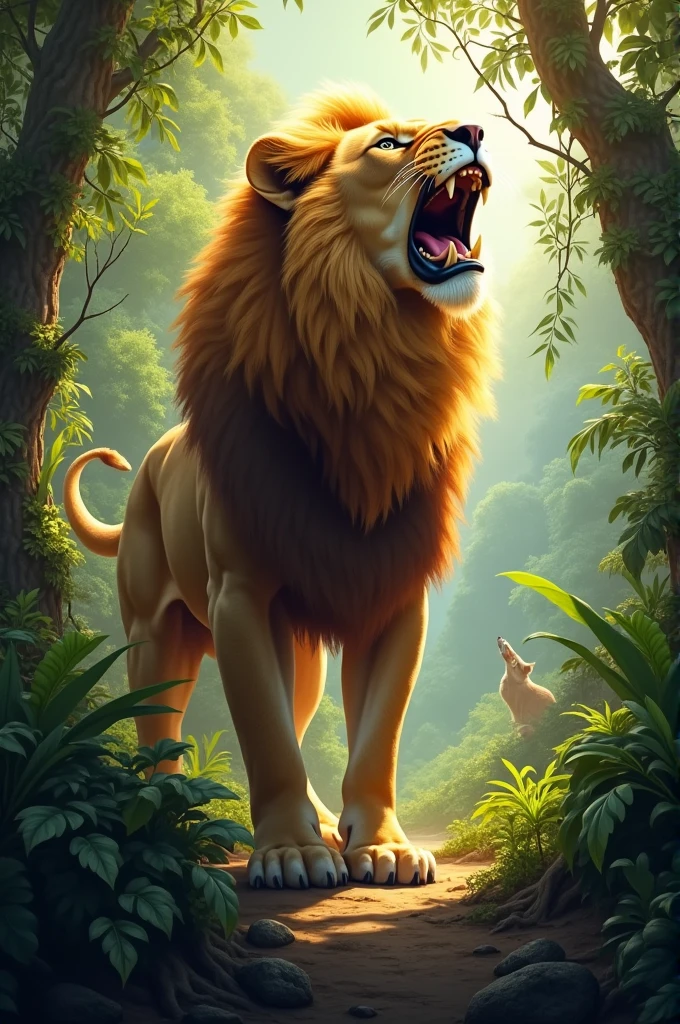In the jungle, what do we see?
A lion's roar, so wild and free!