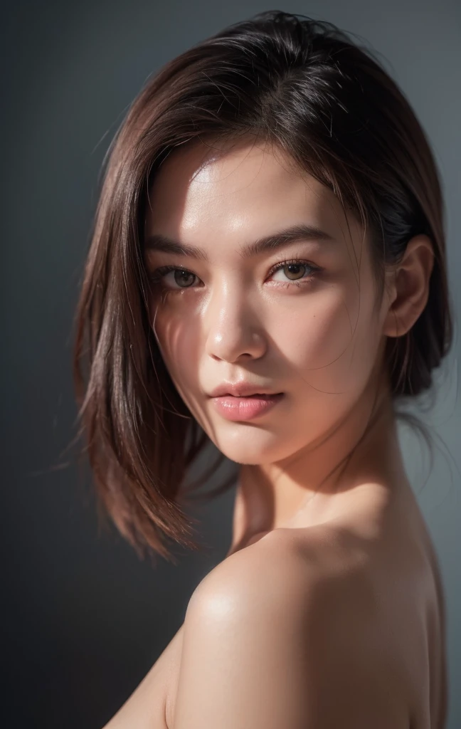 (((ultra realistic))), Photo, masterpiece,  Photoshoot, studio, ((Contour light)), (The game of lights and shadows), depth of field, (Dark atmosphere of the frame., dark color scheme), ((portrait, close up camera top view)) , ultra detialed, head of&#39;artwork, Superior quality, Photo shoot, (gentle) lighting, (The play of light and&#39;shadows), depth of ﬁeld, bokeh, (Special attention to facial texture details.: 1.2), pores on skin, (Erotic atmosphere of the setting. Color range - purple, rose, Tonnes),
((a Thai girl, She looks like Milla Jovovich)), (small face), (perfect girl face:1.2)), gentle smile, Calm Expression,