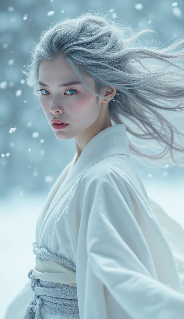 Pure Japanese、Asian、Snow Woman、pure white kimono、White skin、Gray Hair、In a snowstorm、1 Japan Female, solo, High resolution, chest, Gaze, smile, Hair that hides one eye, blue eyes, Angry, Frowning, Take a closer look, High resolution, masterpiece, Anatomically correct, Highest quality, Hair blowing in the wind, 