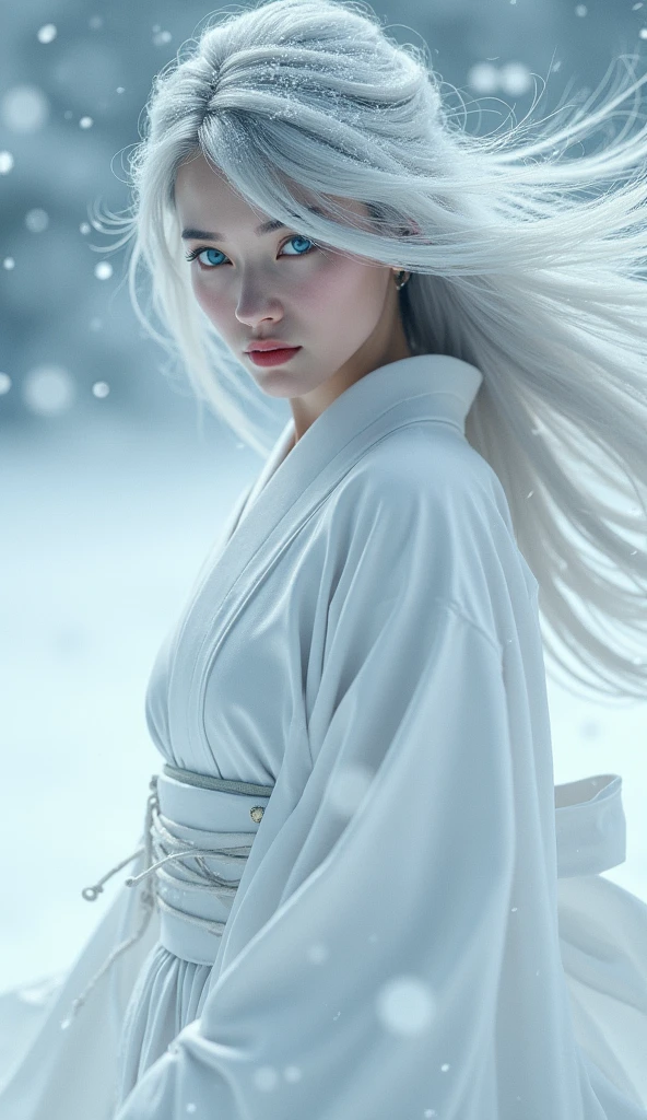 Pure Japanese、Asian、Snow Woman、pure white kimono、White skin、Gray Hair、In a snowstorm、1 Japan Female, solo, High resolution, chest, Gaze, smile, Hair that hides one eye, blue eyes, Angry, Frowning, Take a closer look, High resolution, masterpiece, Anatomically correct, Highest quality, Hair blowing in the wind,