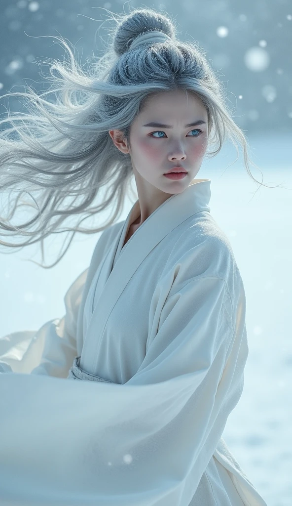 Pure Japanese、Asian、Snow Woman、pure white kimono、White skin、Gray Hair、In a snowstorm、1 Japan Female, solo, High resolution, chest, Gaze, smile, Hair that hides one eye, blue eyes, Angry, Frowning, Take a closer look, High resolution, masterpiece, Anatomically correct, Highest quality, Hair blowing in the wind,