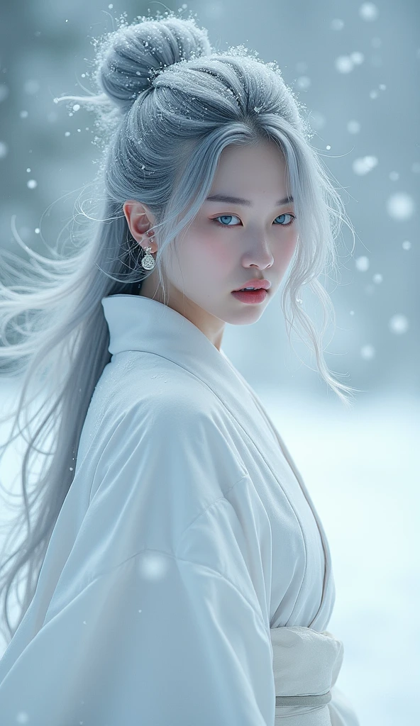 Pure Japanese、Asian、Snow Woman、pure white kimono、White skin、Gray Hair、In a snowstorm、1 Japan Female, solo, High resolution, chest, Gaze, smile, Hair that hides one eye, blue eyes, Angry, Frowning, Take a closer look, High resolution, masterpiece, Anatomically correct, Highest quality, Hair blowing in the wind, 