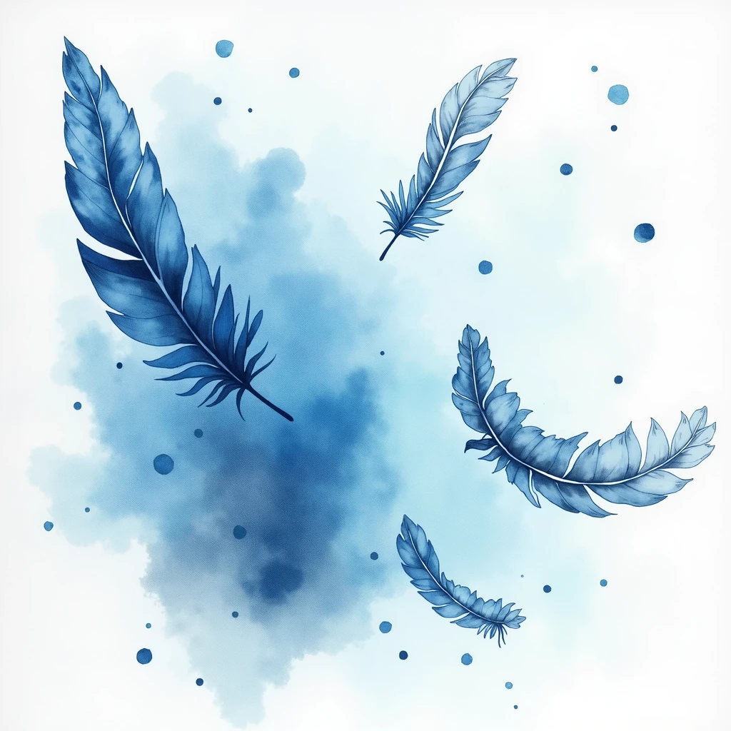 different shades of blue watercolour alcohol ink splash in the back ground with soft monochrome feathers falling