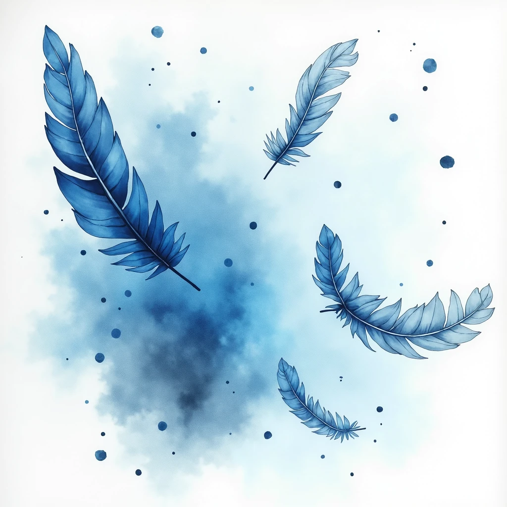 different shades of blue watercolour alcohol ink splash in the back ground with soft monochrome feathers falling