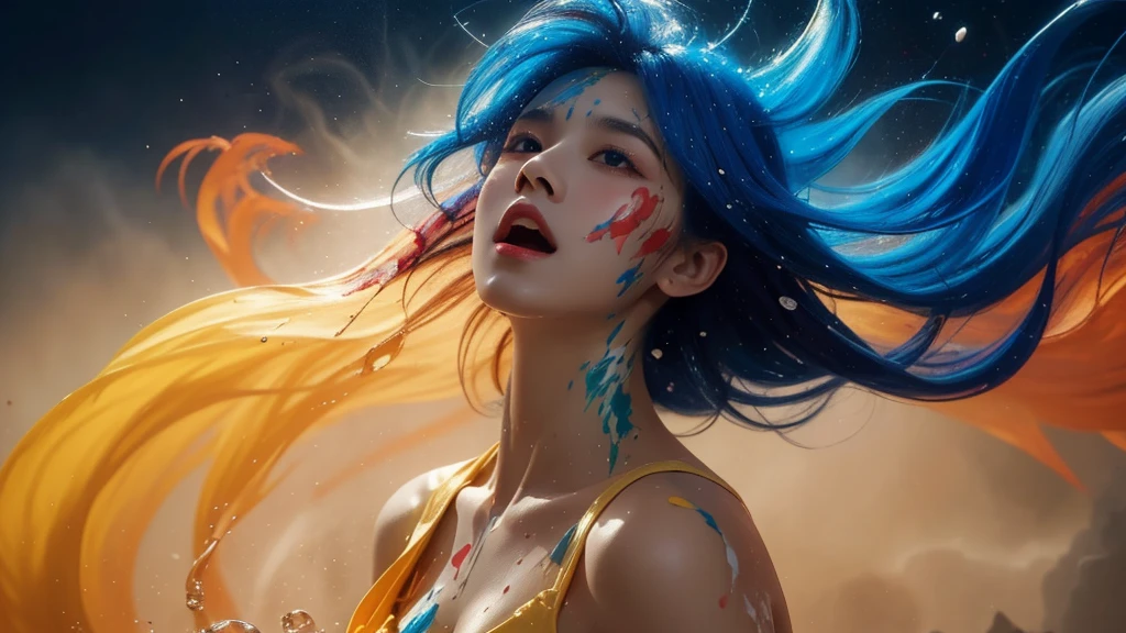 (level difference:1.8),(Paint colliding and splashing on the canvas),(depth of field),(flat color :1.1,(yellow theme)),1 girl,screaming,propaganda poster,full body,strong wind,heavy smoke,(liquid paint rainbow hair:1.1) made of paint and defies gravity,thick flowing,(paint splatter:1.3),Liquid state,stunningly beautiful, masterpiece, detailed background,ultra high quality model, ethereal background,abstract beauty, explosive volumetric, oil painting,heavy strokes,Romantic lighting,Sub-Surface Scatterring,glow,8k,high resolution, dreamy,ray tracing,hdr,god rays,