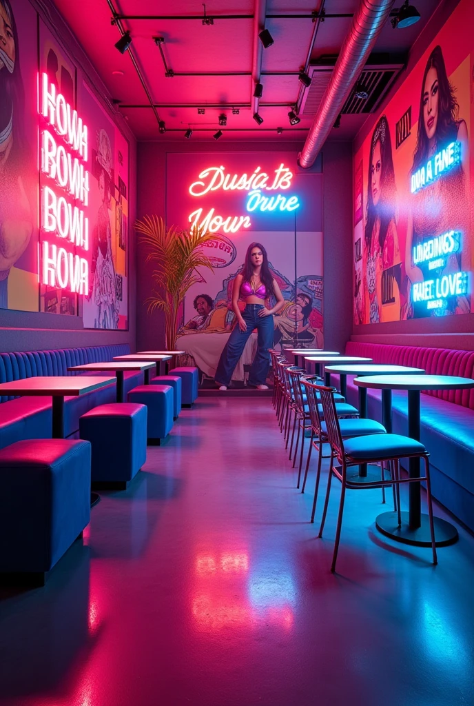 a vibrant and modern space, with a mix of retro and futuristic elements, reflecting Dua Lipa&#39;s style and music. The walls are decorated with colorful murals inspired by their album covers., and there are neon signs with phrases from their songs. The lighting combines soft shades of pink and purple, creating a nightclub atmosphere. The tables are arranged with LED lights, and the environment is elegant, with velvet furniture and metal chairs.