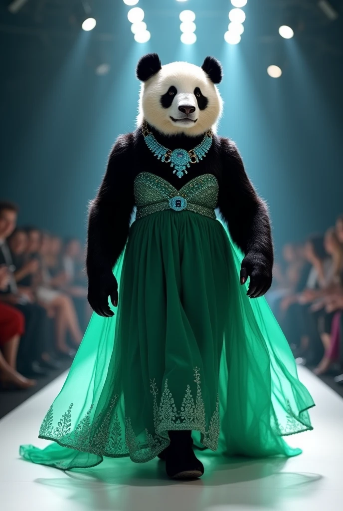 Panda in fashion show wearing a green dress and blue diamonds in neck