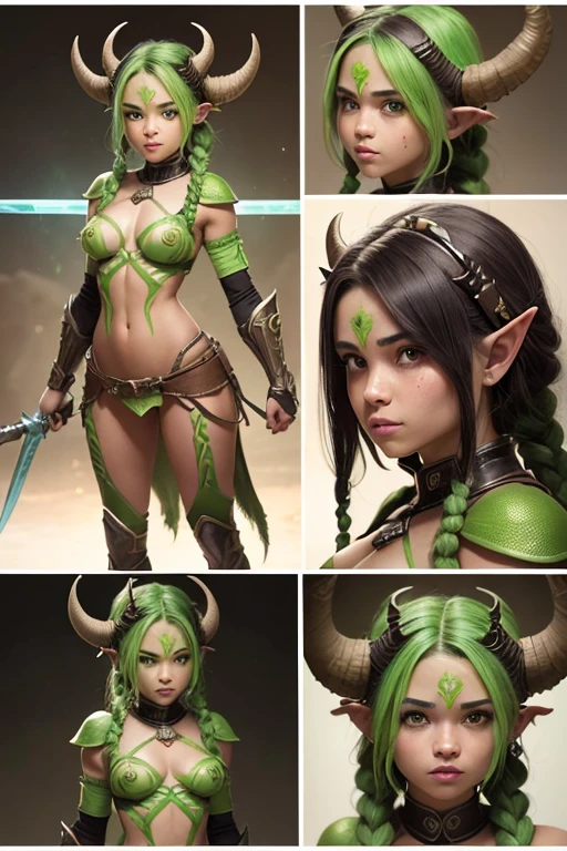 A young 15- yr old Orcish girl with lovely charming face, having green skin tone pigmenting texture, (athletic body), ( green skin texture masterpiece ), (tomboyish braided hairstyles look), (( wearing helmet with horns)), (serious, with exposed teeths showing large fangs)(perfect full body detailed anatomy), (Super accessories detailed), (fighting pose), (perfect detailed bright sparkling eyes),( short illuminating gemstone crystalized hair), ((expose big hard erect nipples))(( exposed panty with pussy clitoris exposed and showing))((legs wide open showing pussy line))(( Wearing transparent illuminating costume of Orcs )), (( holding a treasure axe or treasure war hammer )), (( illuminating different lights covering the sorrounding atmosphere battle fields)) on its back wearing furry cape detailed design, has a angry face, 7 different perspective view of that same girl & face profile sheet character style