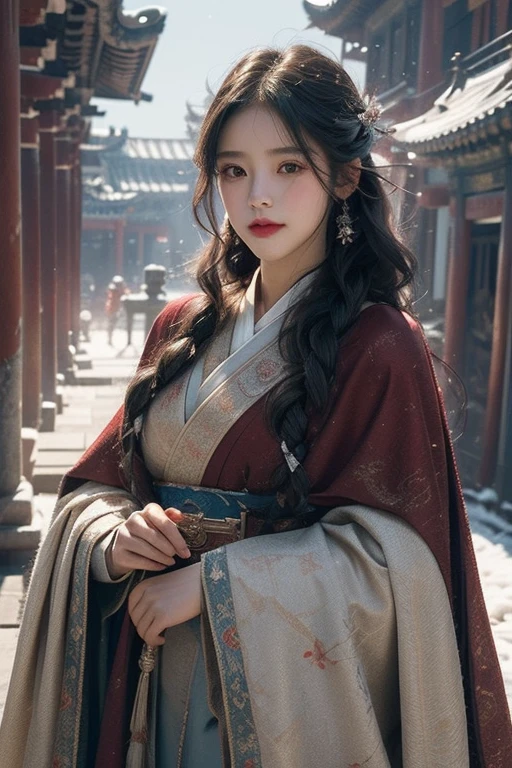 (masterpiece), (Ridiculous), Cowboy shooting, shiny skin, girl, alone, students shine, long eyelashes, Keep your mouth shut, A faint smile, long hair, Striped hair, curls, Hanfu,Red cape，View viewer, Selfie, (snow，Ancient temple), movie lighting，(Ultra-realistic textile textures)，