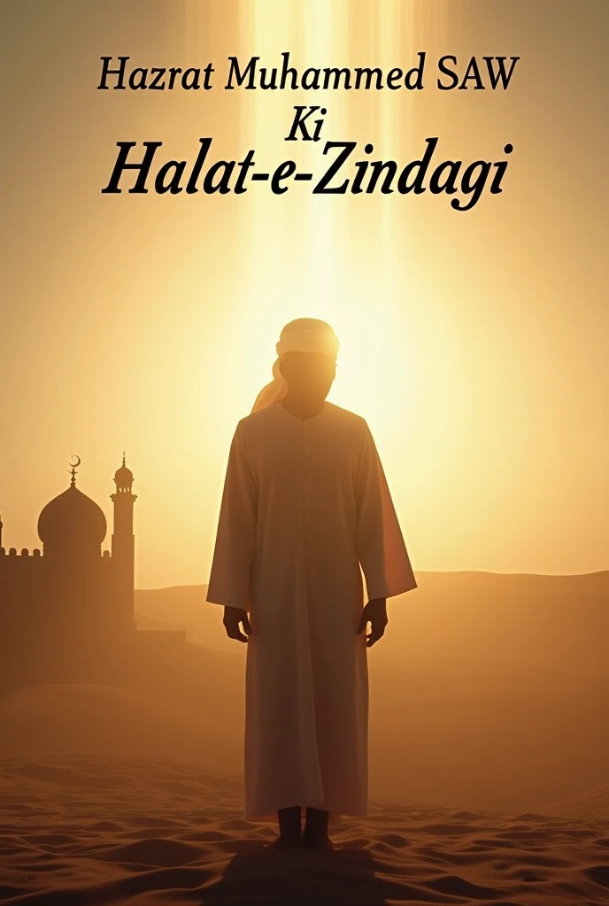 For the thumbnail, use a soft background image of the desert with subtle hues of gold and sand, symbolizing the time and place of the Prophet (SAW). Include a silhouette of a figure in traditional Arab clothing, with light rays emanating from behind to signify wisdom and spirituality, without depicting any facial features. Add a mosque or crescent moon in the corner to highlight the Islamic theme. The title text "Hazrat Muhammad (SAW) Ki Halat-e-Zindagi" should be bold and in an elegant Arabic-inspired font, with contrasting colors like white or gold for visibility.







