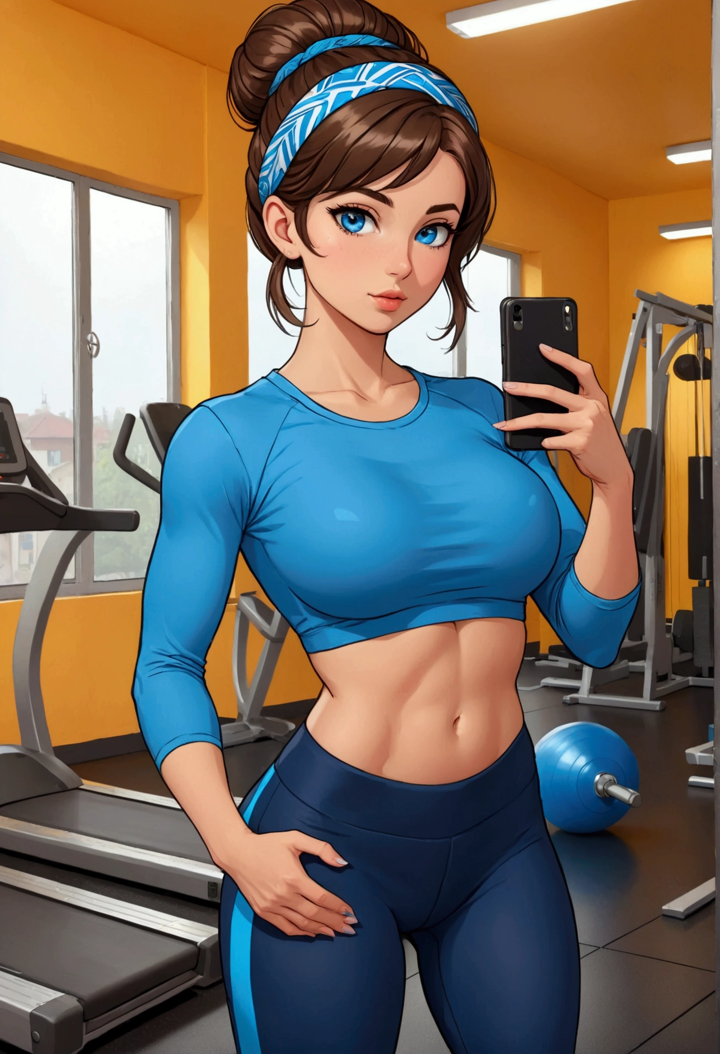 20 years old woman, Short brown hair, Méditerranéenne aux blue eye, Generous and heavy breasts, slender waist, estomac defini, fesses rebondies et pulpeuses, naturally curved, muscular thighs, aguicheuse, in the gym, en legging et teeshirt large, blue eye, Selfie, headband in hair, hair bun