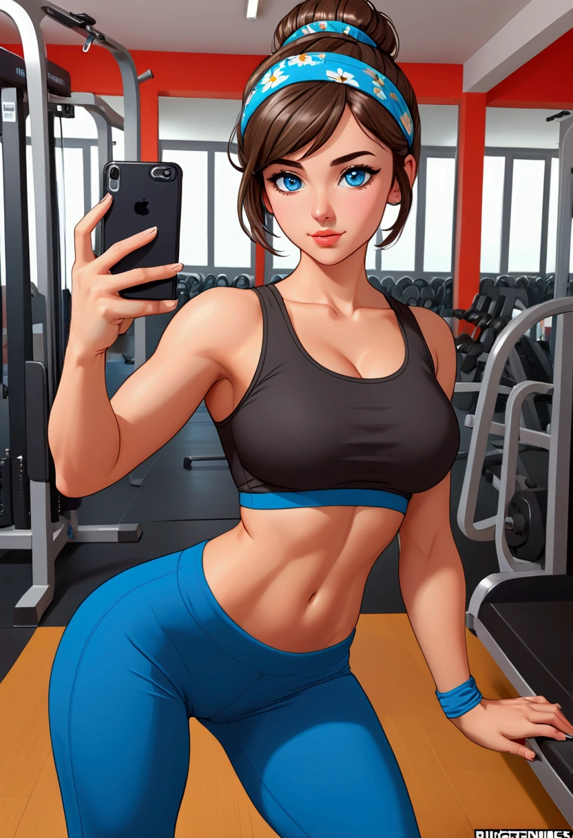 20 years old woman, Short brown hair, Méditerranéenne aux blue eye, Generous and heavy breasts, slender waist, estomac defini, fesses rebondies et pulpeuses, naturally curved, muscular thighs, aguicheuse, in the gym, Selfie, short noir et teeshirt rouge , blue eye, sweaty, tied braids, ssmile