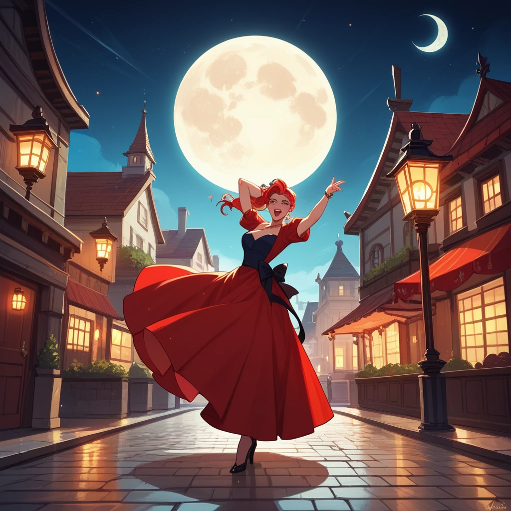 The scene depicts a couple dancing flamenco under a bright full moon, their movements full of emotion and power. The woman’s dress is a vibrant red, flowing with her every step, while the man’s posture is strong and confident. The background is a narrow cobblestone street, with old buildings and lanterns casting a warm, golden light. The colors should be deep and rich, with a focus on reds, golds, and blacks, to emphasize the drama and passion of the moment