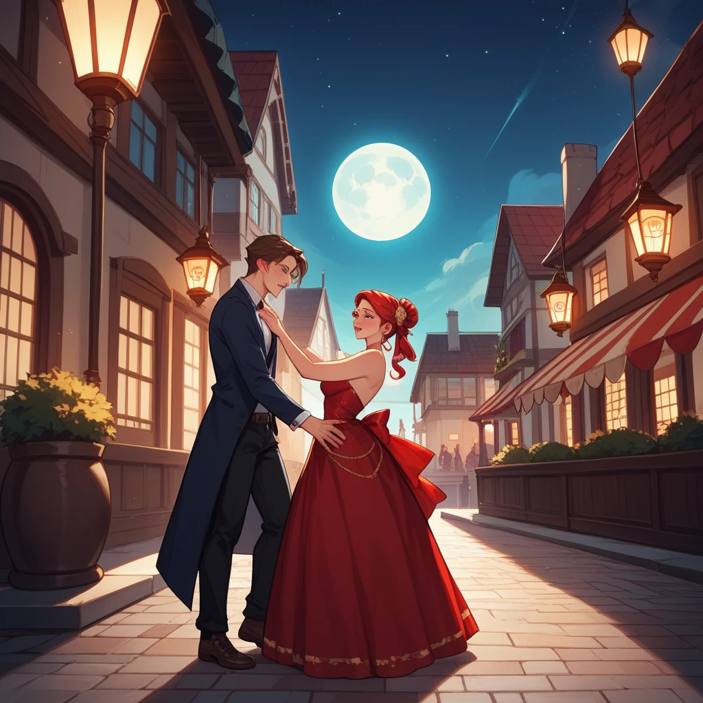 The scene depicts a couple dancing flamenco under a bright full moon, their movements full of emotion and power. The woman’s dress is a vibrant red, flowing with her every step, while the man’s posture is strong and confident. The background is a narrow cobblestone street, with old buildings and lanterns casting a warm, golden light. The colors should be deep and rich, with a focus on reds, golds, and blacks, to emphasize the drama and passion of the moment